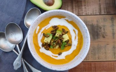 Roasted Butternut Squash and Ginger Soup with Cumin Spiced Yogurt and Chili Toasted Pepitas